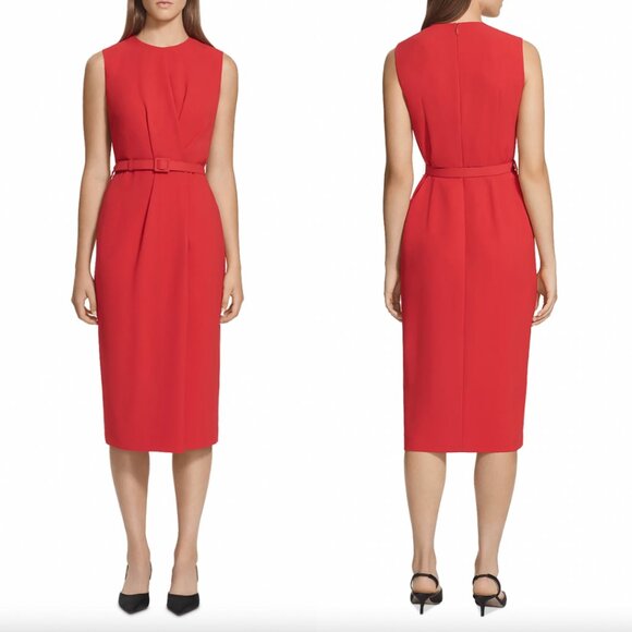 $598 Lafayette 148 Red Belted Sheath Jude Pleated Dress size 12 - Picture 1 of 16